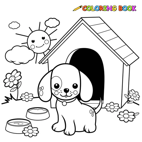 Image Contour Noir Blanc Chien Debout Devant Niche Coloriage Livre — Image vectorielle