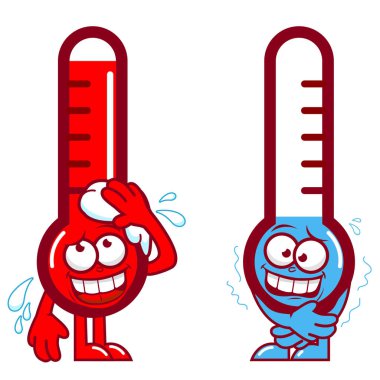 Karikatür sıcak ve soğuk termometre karakterleri. Titreme ve sıcak terleme termometresi. Komik karikatür termometreleri çok sıcak ve soğuk olduğunu gösteriyor. Vektör illüstrasyonu