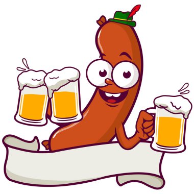 Oktoberfest 'te soğuk bira ve kurdele pankartıyla servis yapan bir çizgi film karakteri. Vektör illüstrasyonu