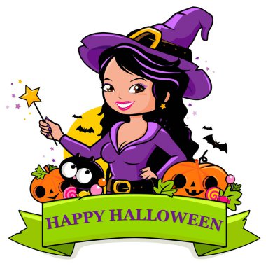 Cadı, kedi ve kabaklar mutlu Cadılar Bayramı afiş