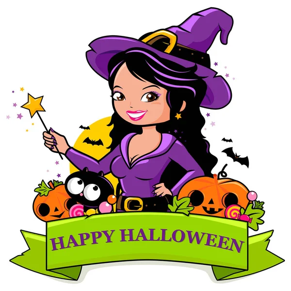 Cadı, kedi ve kabaklar mutlu Cadılar Bayramı afiş