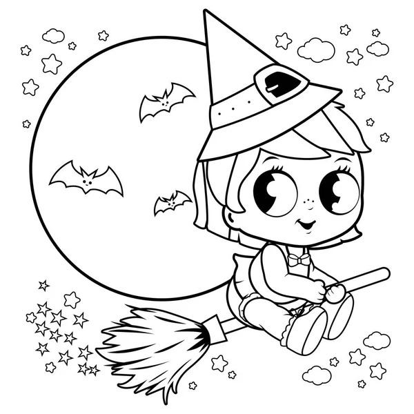 Baby Halloween Witch Flying Broom Night Sky Black White Coloring — Stock Vector