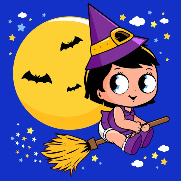 Baby Halloween Witch Flying Broom Night Sky — Stock Vector