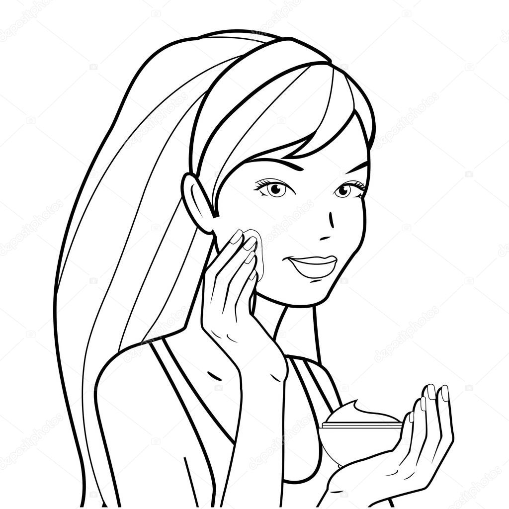 Woman applies moisturizing cream. Black and white coloring book page