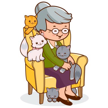 Yaşlı kedi ile koltuk oturan kadın.