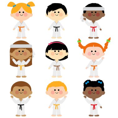 Karateci çocuklar, sporcular, oğlanlar ve kızlar. Dövüş sanatları üniformalı bir grup çocuk. Karate, tekvando, judo, jujitsu, kickboks veya kung fu sporcuları. Vektör İllüstrasyonu
