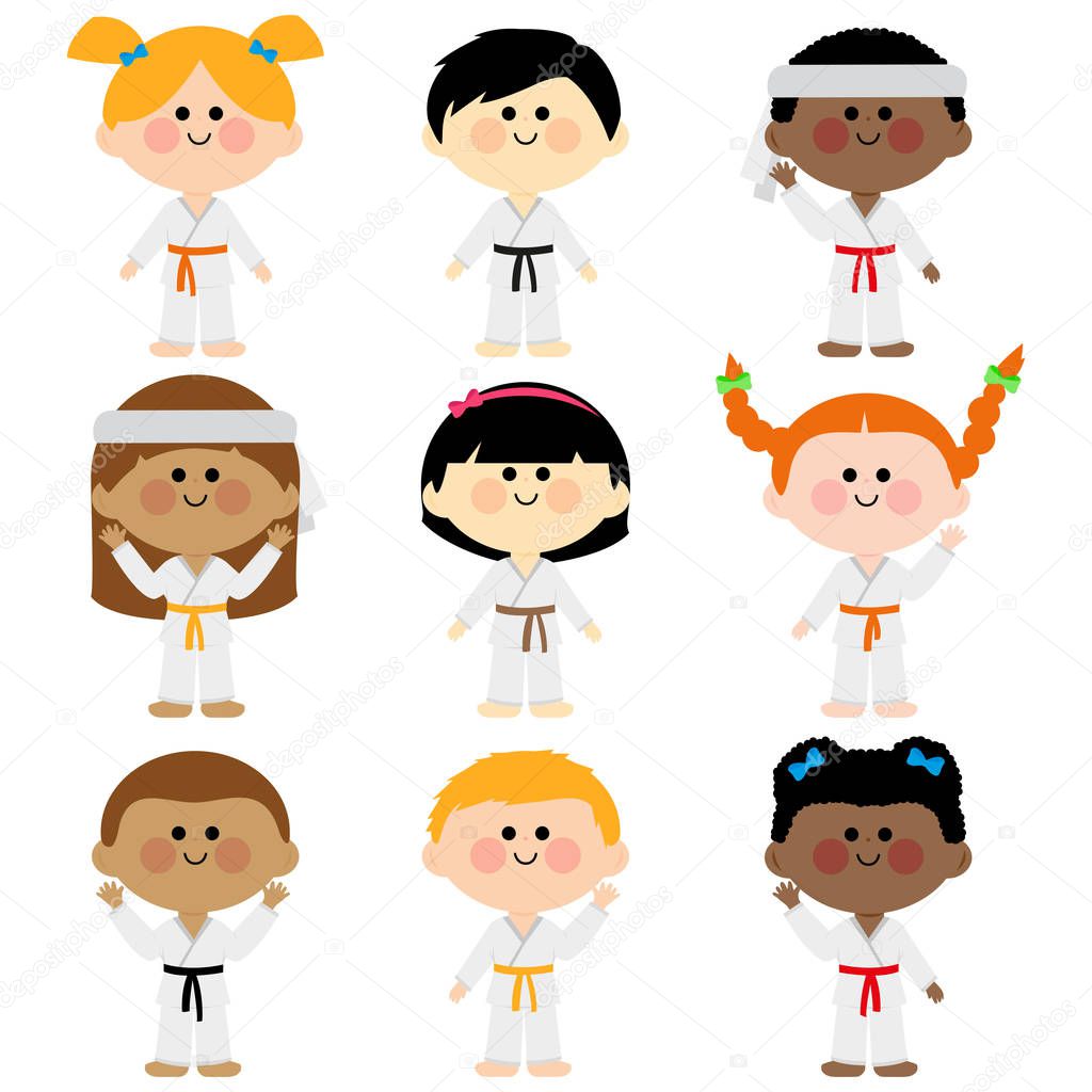 Diverse group of children wearing martial arts uniforms: karate, Taekwondo, judo, jujitsu, kickboxing, or kung fu suits.