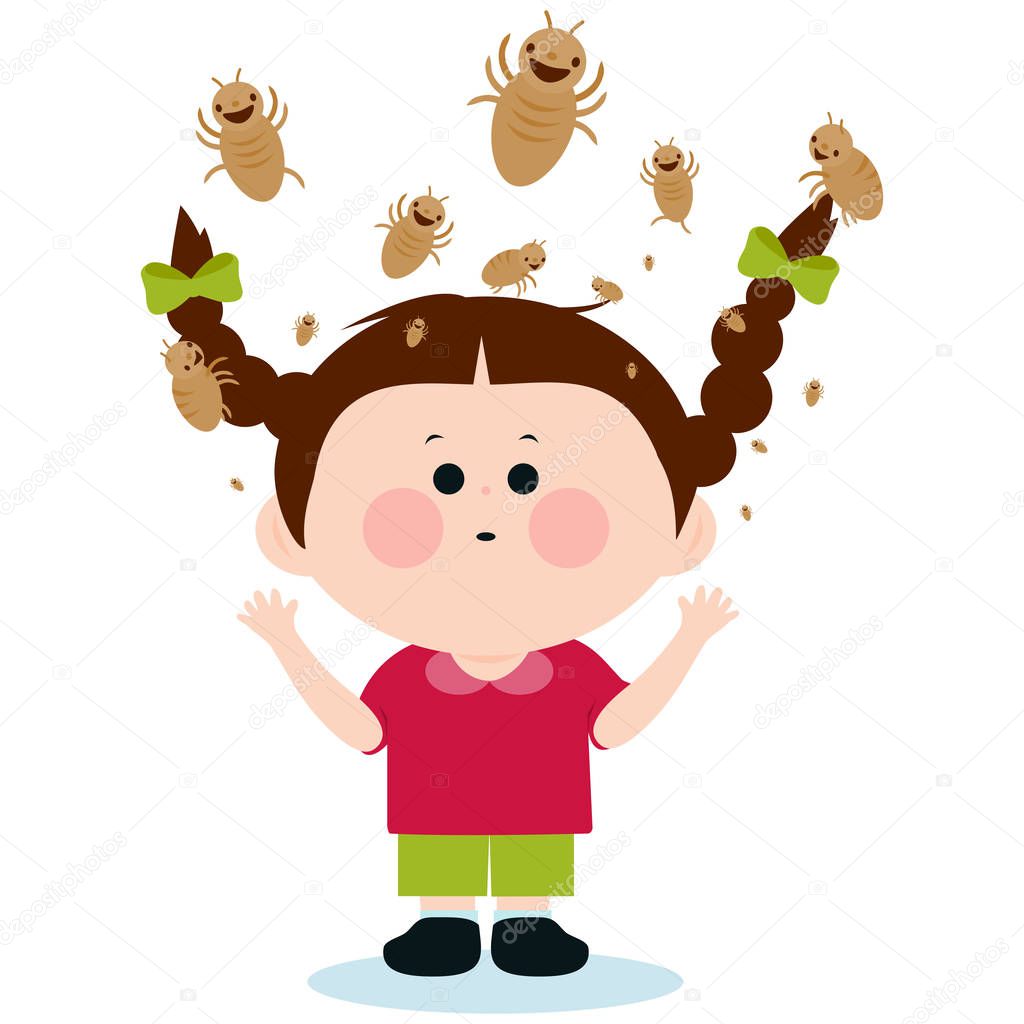 Vector Illustration of a girl with lice on her head.