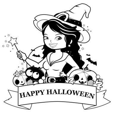 Halloween cadı, kabak ve muamele etmek. Siyah ve beyaz kitap sayfa boyama