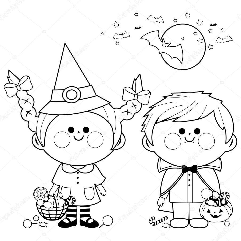 Children dressed in Halloween costumes hold buckets with candy, playing trick or treat. Black and white coloring book page