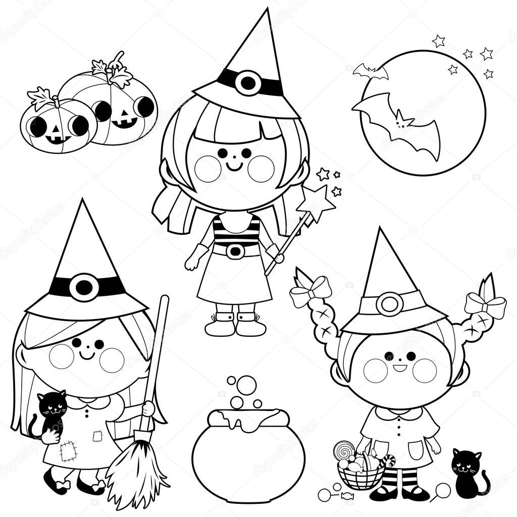 Girls dressed in witch costumes, treats, candy and other Halloween objects. Vector black and white illustration