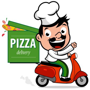Pizzacı İtalyan aşçı scooterla taze pişmiş pizza getiriyor. Çizgi filmdeki İtalyan pizza dağıtım elemanı şef üniforması içinde scooter sürüyor ve pizza dağıtıyor. Vektör illüstrasyonu
