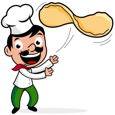 Pizza yapan, pizza hamuru fırlatan bir İtalyan çizgi film şefi. Pizzacı İtalyan aşçı pizza yapıyor. Fast food ve paket yemek. Vektör illüstrasyonu