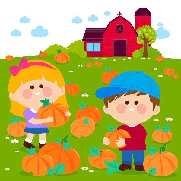 Children Farm Picking Pumpkins Pumpkin Patch Vector Illustration — Stock Vector