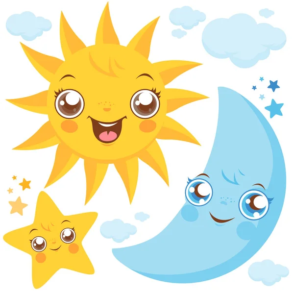 Conjunto Ilustrações Vetoriais Bonito Sorrindo Sol Dos Desenhos Animados Lua —  Vetores de Stock