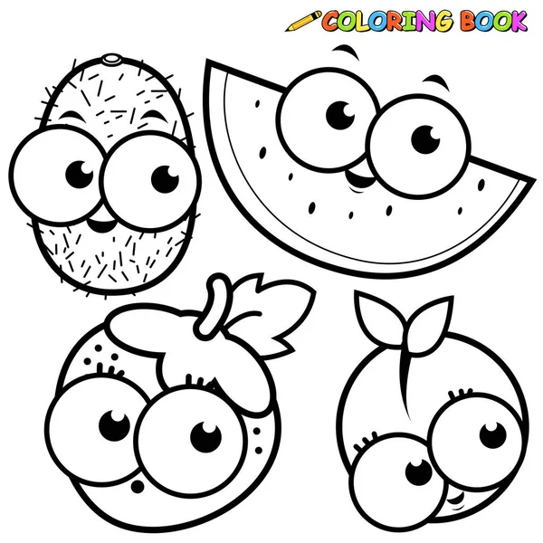 Vektor Schwarz Weiß Umrissbild Von Obst Cartoons Kiwi Wassermelone Erdbeere — Stockvektor