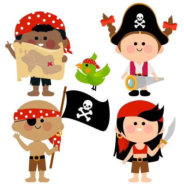 Conjunto Ilustrações Vetoriais Crianças Vestidas Piratas — Vetor de Stock