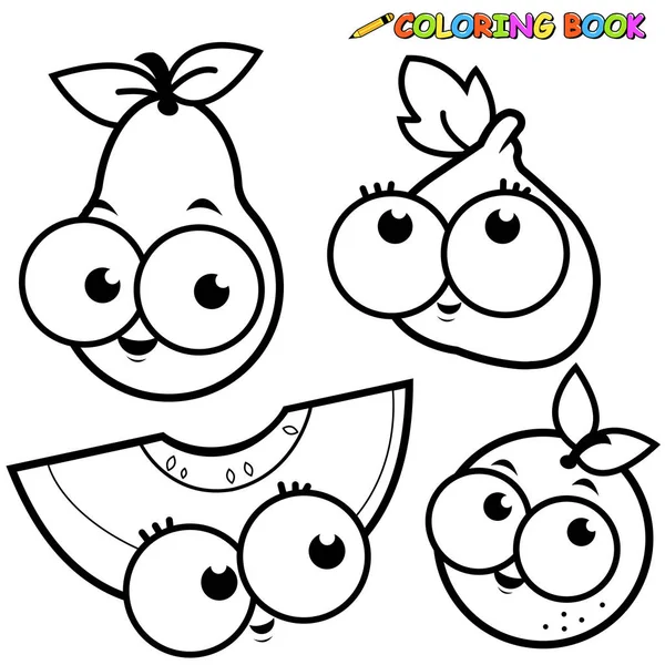 Vektor Schwarz Weiß Illustration Von Frucht Cartoons Birne Feige Melone — Stockvektor