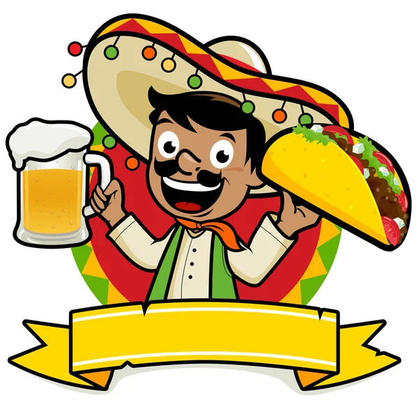 Taco ve biralı Meksika restoranı afişi. Çizgi filmdeki Meksikalı mariachi adam elinde soğuk bira ve kutlama partisi için taco tutuyor. Cinco de Mayo partisi. Vektör illüstrasyonu 
