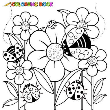 Ladybugs ve çiçekler. Siyah ve beyaz kitap sayfa boyama