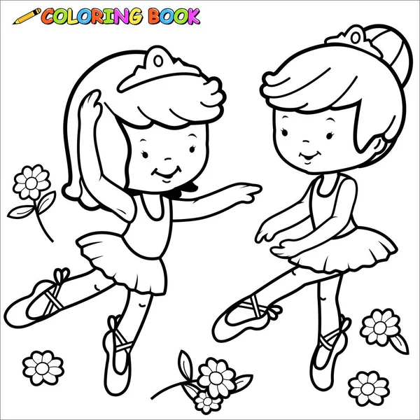 Vector Illustration Black White Outline Image Two Cute Ballerina Dancer — Stock Vector