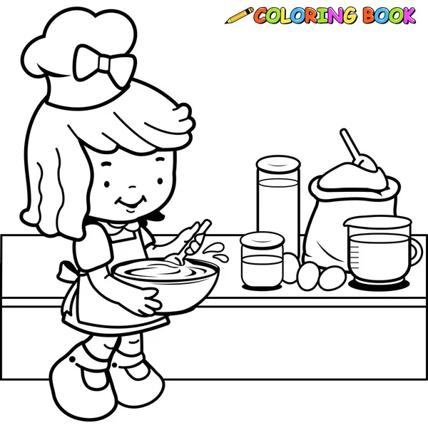 Illustration Vectorielle Noir Blanc Une Petite Fille Cuisinant Dans Cuisine — Image vectorielle