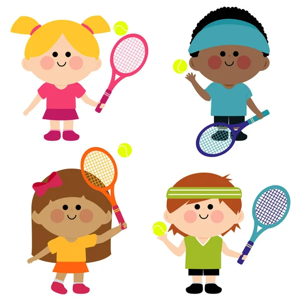 Vector Illustration Set Boys Girls Playing Tennis Rackets Tennis Balls — Stock Vector