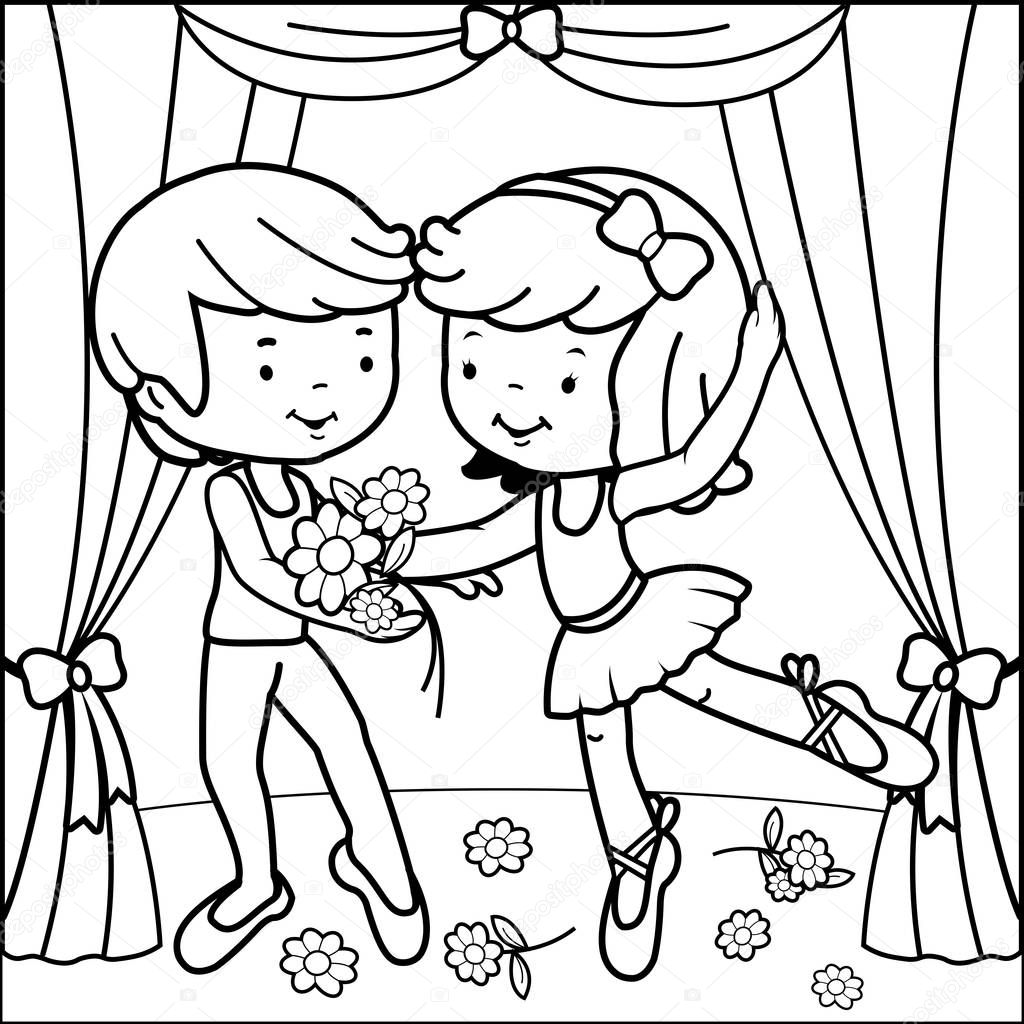 Vector black and white illustration of two ballet dancers, a girl and a boy dancing on stage holding flowers.