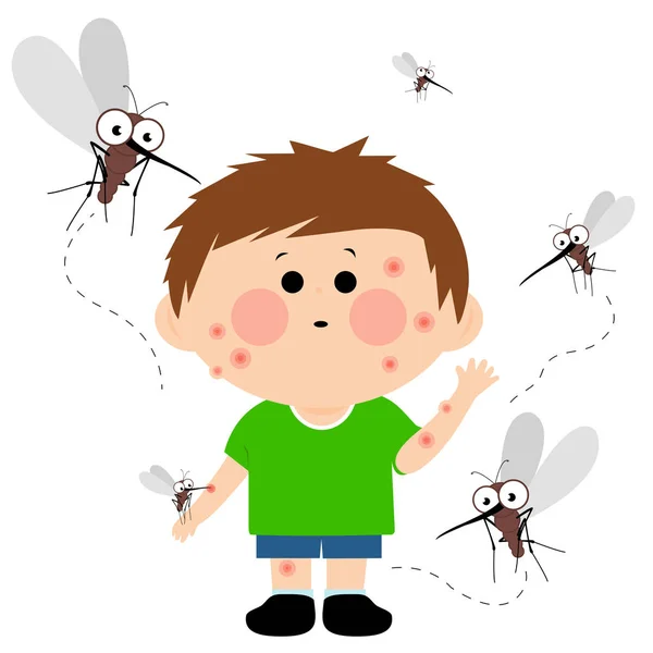 Mosquitoes Flying Young Boy Biting Him His Skin Full Mosquito — Stock Vector