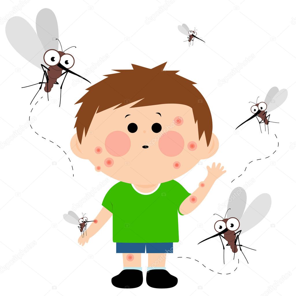 Mosquitoes flying around a young boy and biting him. His skin is full of mosquito bites.