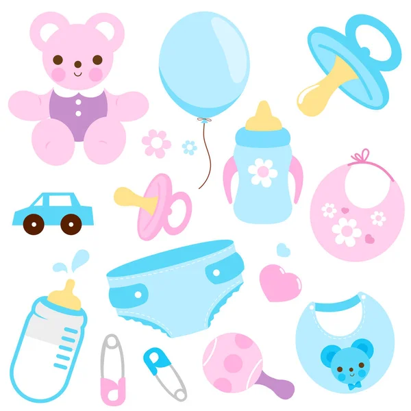 Babymeisje Baby Jongen Accessoires Blauw Roze Kleuren Vectorillustratie — Stockvector