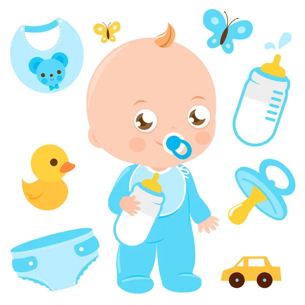 Accesorios Baby Boy Baby Shower Colores Azules Colección Vectorial — Vector de stock