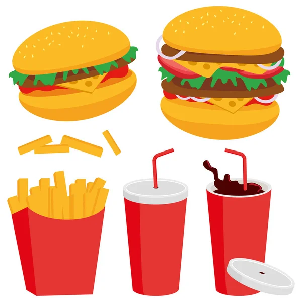 Hamburger, cips ve soda ile fast food yemeği. Çizburger, kızarmış patates ve meşrubat. Fast food koleksiyonu. Vektör illüstrasyonu