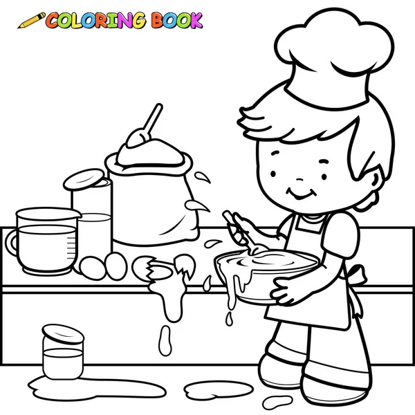 Vector Zwart Wit Afbeelding Van Een Jongetje Koken Het Maken — Stockvector