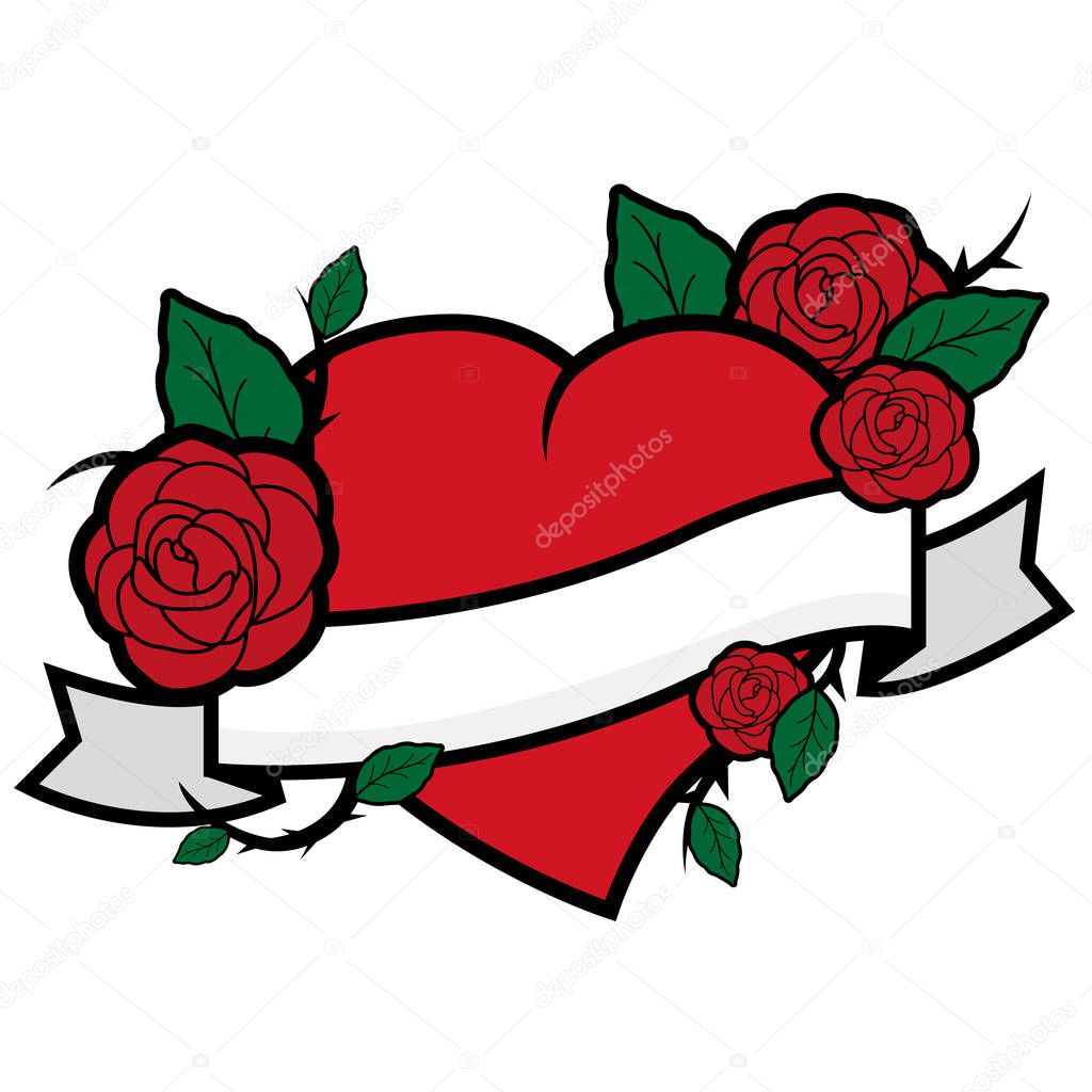 Vector Illustration of tattoo style roses on a red heart and ribbon.