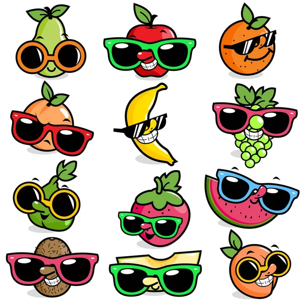 Frutas de desenhos animados usando óculos de sol — Vetor de Stock