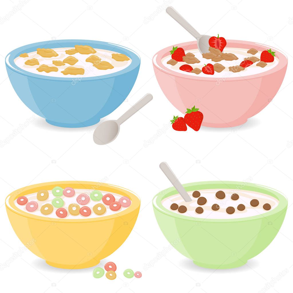 Vector illustration set of four bowls of breakfast cereal in different flavors.