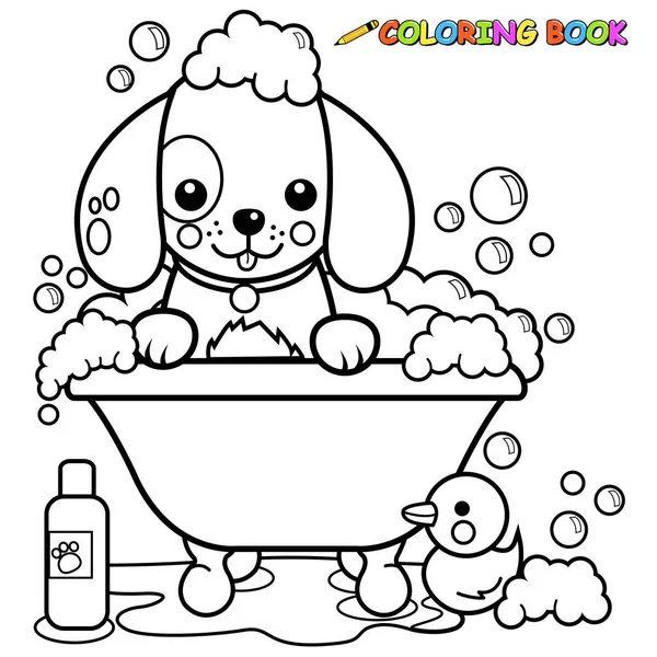 Dog Bathtub Taking Bath Black White Coloring Book Page — Stock Vector