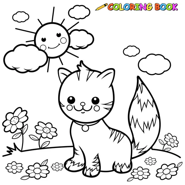 Cat sitting on the grass. Black and white coloring book page — Stock Vector