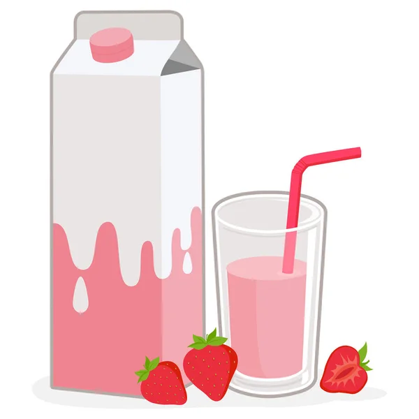 Cartón Vaso Leche Con Sabor Fresa Fresas — Vector de stock