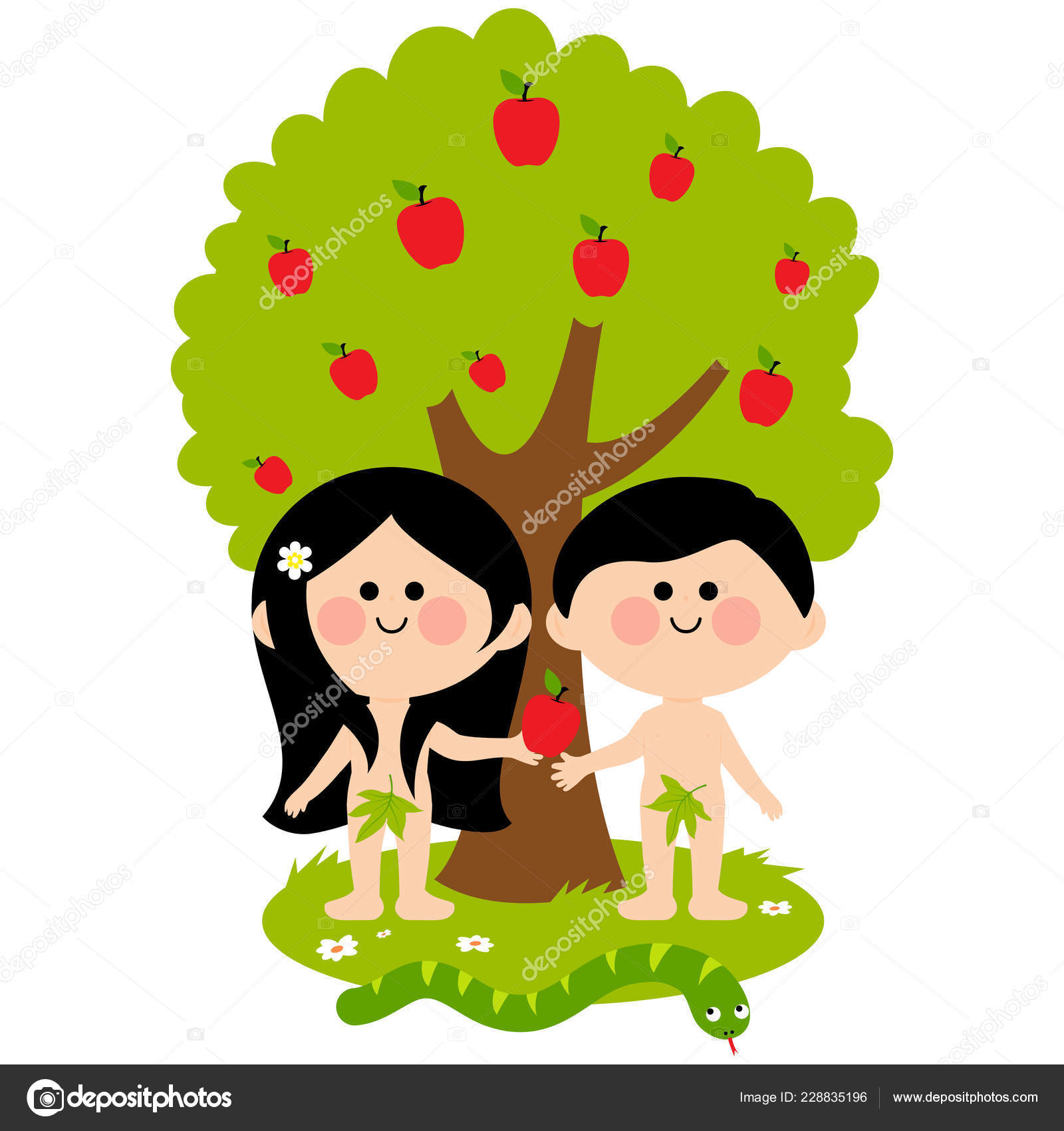 夏娃和蛇在天堂花园的苹果树下Eve把苹果给Adam了圣经故事场景基督教和宗教病媒图解图库矢量图©stockakia 228835196