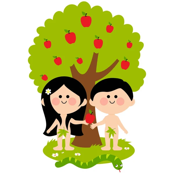 Vector Illustration Adam Eve Snake Apple Tree Eve Giving Apple — Stock Vector