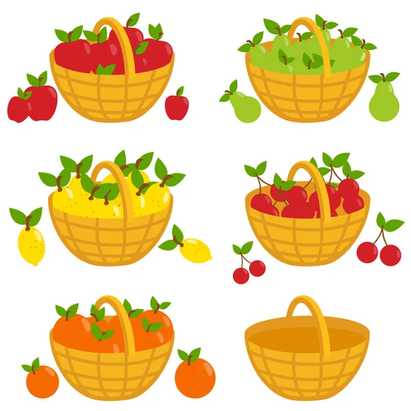 Vetor Conjunto Ilustrativo Frutas Cestas Maçãs Peras Limões Cerejas Laranjas —  Vetores de Stock