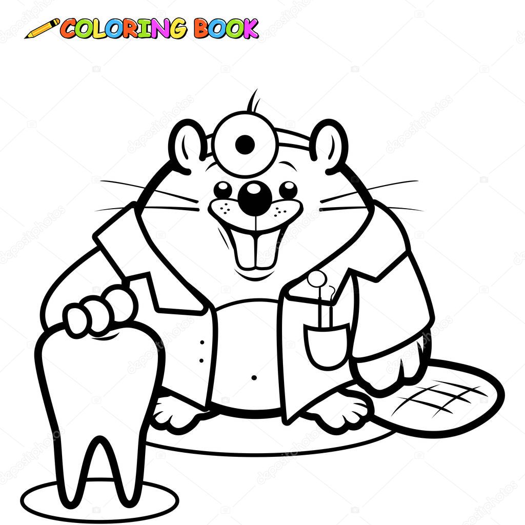 Beaver dentist holding a healthy tooth. Black and white coloring book page. 