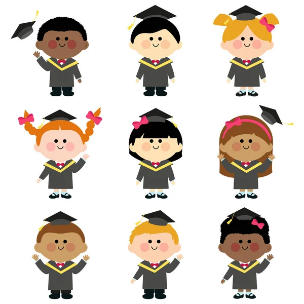Diverso Grupo Niños Graduados Con Batas Sombreros Graduación — Vector de stock