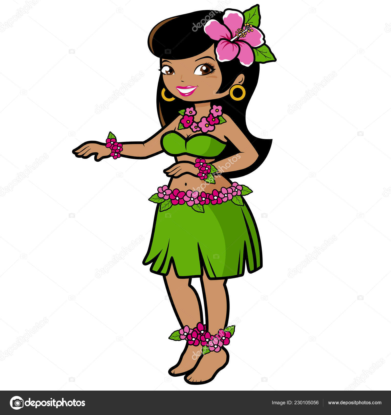 Vector Illustration Hawaiian Hula Dancer Woman Dancing Grass Skirt Hibiscus — Stock Vector