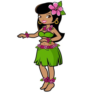 Hawaii çizgi filmi Hula tropikal ada kızı çimen etekli dans ediyor. Hawaii hula dansçısı kadın dans ediyor. Vektör illüstrasyonu