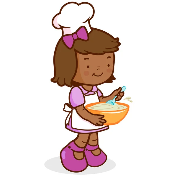 一个小女孩穿着厨师制服 拿着碗做饭的向量插图 — 图库矢量图片