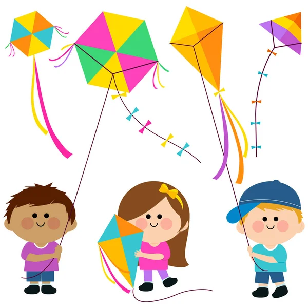 Children flying kites. — Stock Vector