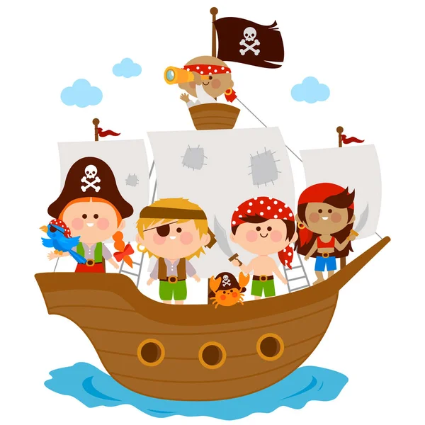 Crianças Piratas Meninos Meninas Navegando Navio Ilustração Vetorial — Vetor de Stock